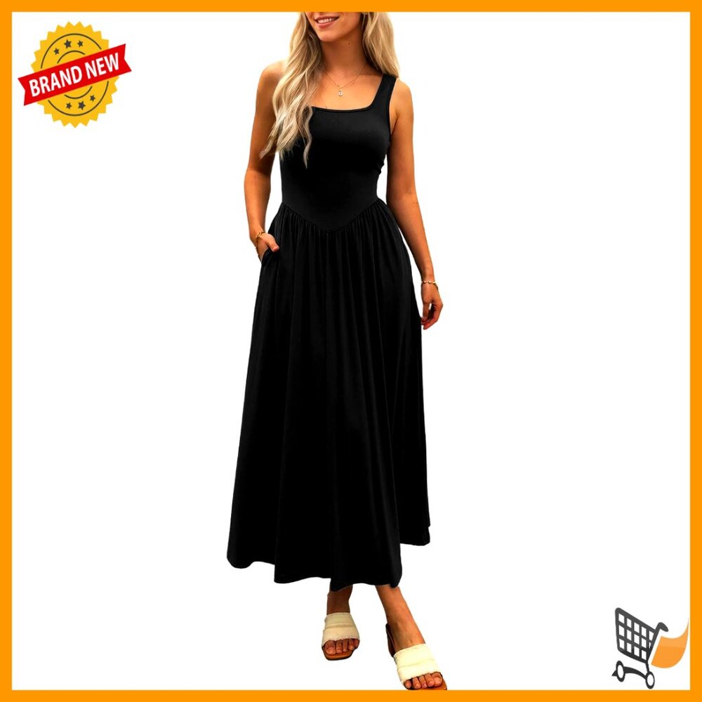 Sleeveless Maxi Dress With Pockets, Square Neck, Flowy Knit, Casual Beach